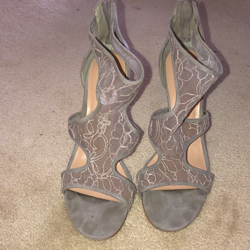 Gray Heeled sandals.